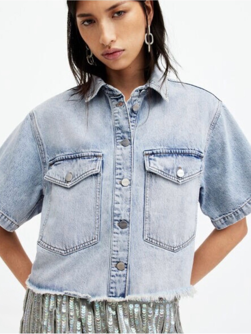 NWT AllSaints Women’s Short Sleeve Light Wash Denim Button-Up Shirt Jacket - M - Picture 7 of 10